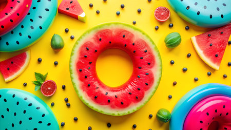 A vibrant flat lay composition featuring a large watermelon ring, slices, and small fruits scattered on a bright yellow background with inflatable ringsの素材