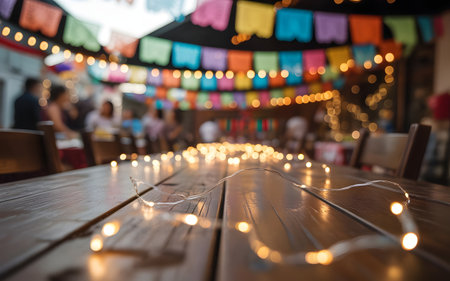 Closeup of a wooden table decorated with fairy lights and colorful bunting, set for an outdoor celebration with blurred people in the backgroundの素材