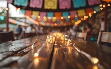 A long wooden table set for an outdoor event, decorated with fairy lights and colorful festive banners, creating a warm and inviting atmosphereの素材