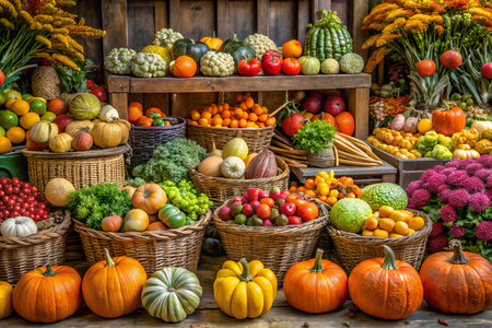 Abundant display of colorful pumpkins, squash, gourds, fruits, and vegetables at a farm stand during the autumn seasonの素材