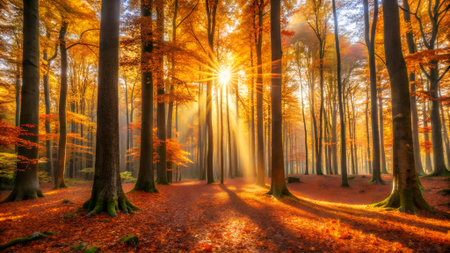 Sunbeams streaming through the tall trees of an autumn forest, illuminating the vibrant orange and yellow leaves on the ground and branchesの素材