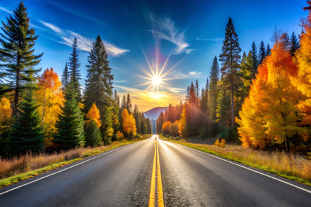 A straight asphalt road with yellow lines leads towards a bright sunburst in the sky, flanked by evergreen and golden autumn treesの素材
