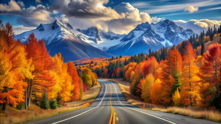 A majestic mountain range with snowcapped peaks overlooks a winding road through a forest bursting with vibrant autumn colorsの素材