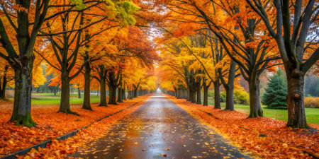 An enchanting tree tunnel formed by mature maple trees with fiery orange and yellow leaves, creating a breathtaking canopy over a wet asphalt roadの素材