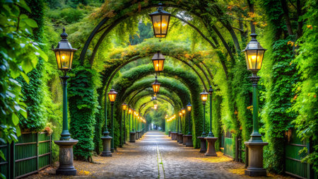 An enchanting garden pathway lined with ancient lampposts and covered by a lush green archway of ivyの素材