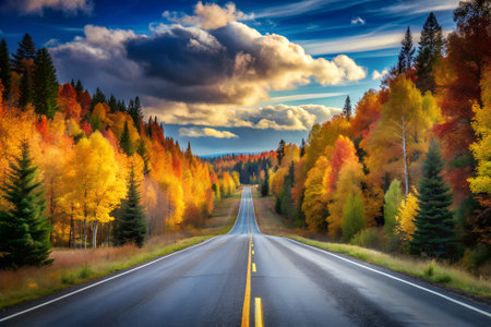 An asphalt road stretches through a vibrant forest ablaze with the fiery colors of autumn, under a dramatic sky filled with clouds, inviting explorationの素材