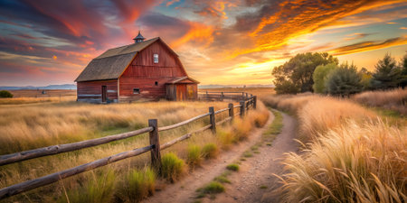 A rustic red barn stands in a golden field under a dramatic sunset sky with colorful clouds, a wooden fence lines a dirt pathの素材