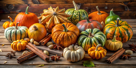 A vibrant assortment of various pumpkins and gourds, including ornamental varieties, arranged on a rustic wooden surface with cinnamon sticksの素材