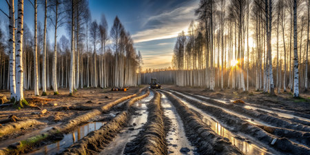 A muddy track with tire ruts winds through a birch forest at sunset, with a tractor visible in the distanceの素材