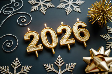 Golden candles in the shape of the year 2026 with snowflakes and festive decorations on a dark background, celebrating the upcoming new yearの素材