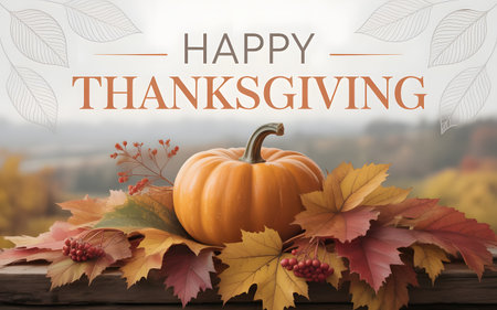 Happy thanksgiving message with a pumpkin and colorful autumn leaves on a wooden surface, festive seasonal backgroundの素材