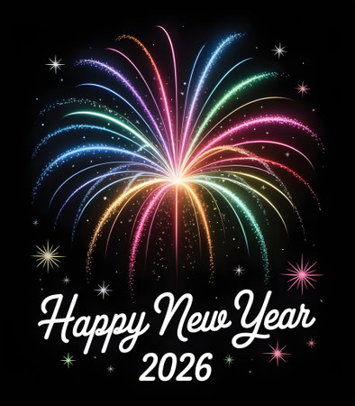 Vibrant and colorful fireworks explode in the night sky with the text happy new year 2026 below, celebrating the upcoming year with a dazzling display of light and festivityの素材