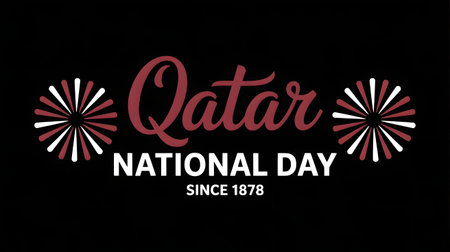 Qatar national day since 1878 text with fireworks on black backgroundの素材