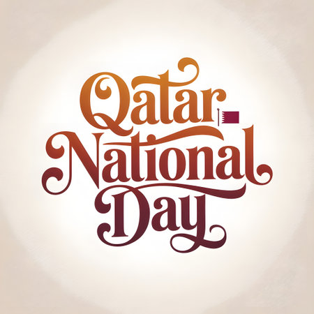 Qatar national day text in gradient colors with a small qatar flag on a light beige backgroundの素材