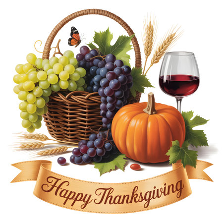 Thanksgiving harvest basket filled with green and purple grapes, pumpkin, wheat, and a glass of red wine on a white backgroundの素材