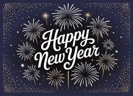 Happy new year text with fireworks and confetti, celebrating the start of a new yearの素材