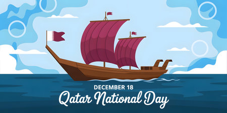 Dhow boat sailing on blue sea under cloudy sky for qatar national dayの素材