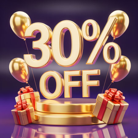 Thirty percent off sale with golden balloons and gift boxes, luxury 3d render on a dark purple backgroundの素材
