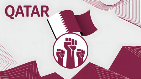 Stylized qatar flag and raised fists symbol with text qatar, conveying national pride and collective strengthの素材