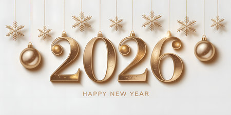 Isolated golden 2026 numbers with ornaments and snowflakes on white backgroundの素材