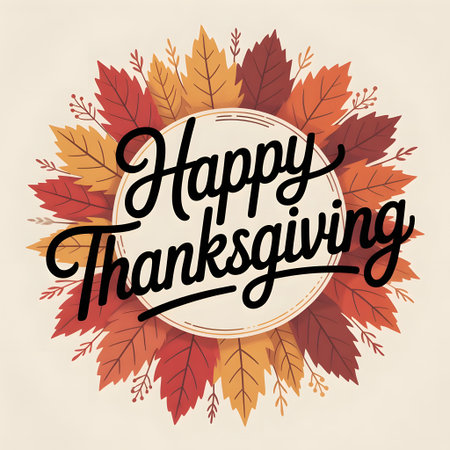 Happy thanksgiving text art with a circular frame and colorful autumn leaves, festive holiday greeting for the seasonの素材