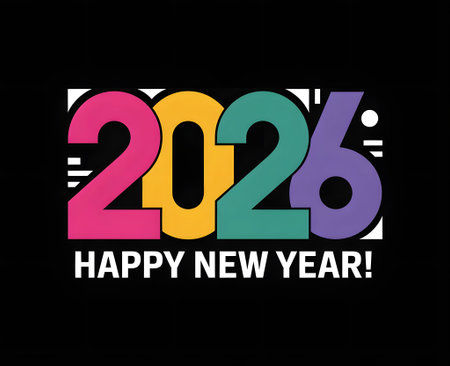 Modern geometric numbers 2026 in bold, colorful blocks with happy new year text against a black backgroundの素材