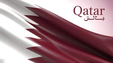 Waving flag of qatar with text in arabic and englishの素材