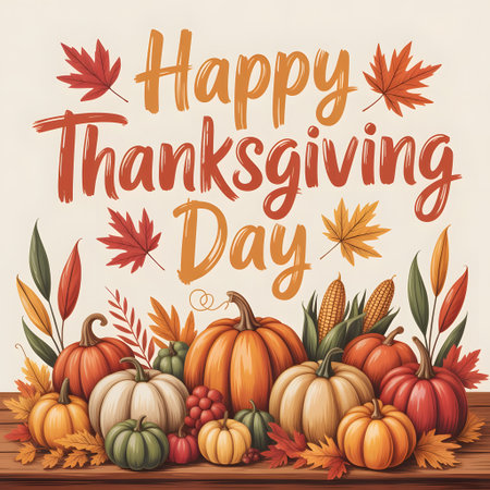 Happy thanksgiving day greeting with pumpkins, corn, and autumn leaves arranged on a wooden surface, festive harvest themeの素材