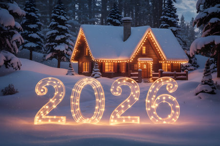Cozy log cabin in a snowy forest, illuminated by warm lights and decorated with glowing number lights 2026 for the new years celebrationの素材