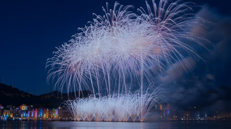 Spectacular fireworks display over a city skyline and calm water at night, creating a festive atmosphereの素材