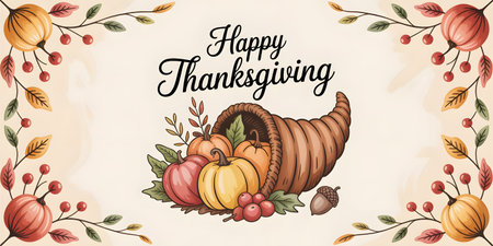 Happy thanksgiving decorative illustration with a cornucopia filled with pumpkins and autumn leaves, framed by a floral borderの素材