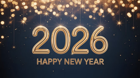 Golden balloons forming the year 2026 with happy new year text and bokeh lightsの素材
