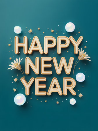 Happy new year text in gold 3d letters with decorative elements like stars and baubles on a teal backgroundの素材