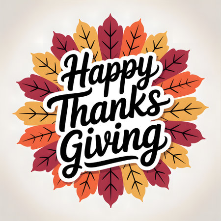 Happy thanksgiving text art with colorful autumn leaves arranged in a circular pattern, festive holiday greetingの素材