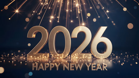 Golden 2026 numbers with fireworks and bokeh, happy new year celebration conceptの素材