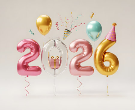 Happy new year 2026 celebration with pink, gold, and teal balloons, confetti, and party hat, isolated on white backgroundの素材
