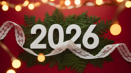 The year 2026 represented by large white numbers on a green fir branch, decorated with lace and bokeh lights on a red backgroundの素材