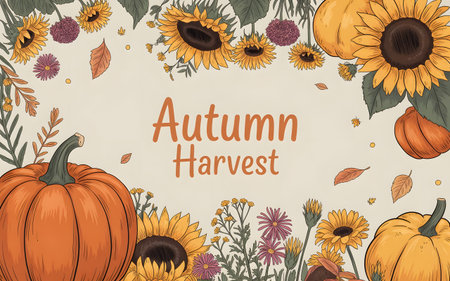 Autumn harvest frame with pumpkins, sunflowers, and fall leaves, watercolor illustrationの素材