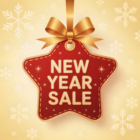 Red starshaped new year sale tag with golden bow and snowflakes on a yellow background, perfect for holiday promotions and winter discountsの素材