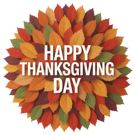 Happy thanksgiving day text surrounded by a circular arrangement of colorful autumn leavesの素材