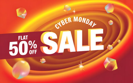 Cyber monday sale announcement with flat 50 off, featuring a swirling vortex and geometric shapes on a red and orange backgroundの素材