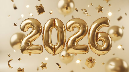 Golden balloons forming the number 2026 with confetti and bokeh lights, new year celebrationの素材