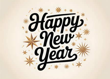 Happy new year text with golden starbursts and confetti on a light beige background, festive greeting for the celebrationの素材