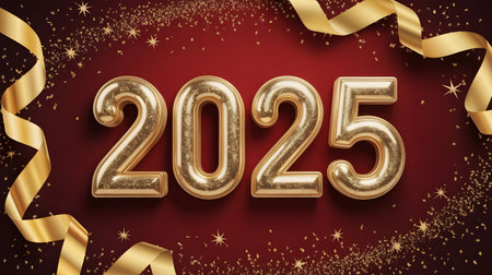 Golden 3d numbers 2025 with ribbons and confetti on a red background, symbolizing the upcoming new year celebration and festive eventsの素材