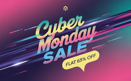 Cyber monday sale banner with flat 65 off discount and abstract light streaks on a vibrant gradient background, digital artの素材