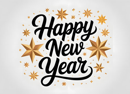 Happy new year lettering surrounded by golden starbursts and confetti on a clean white background, perfect for holiday greetingsの素材