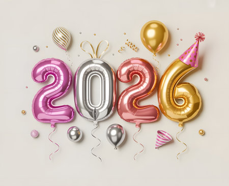 New year 2026 celebration with pink, gold, and silver balloons, confetti, and party hat, isolated on white backgroundの素材