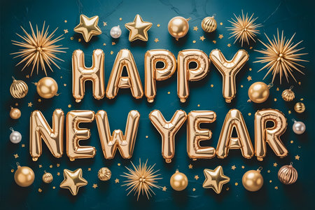 Golden balloons in the shape of happy new year are arranged on a dark teal background, adorned with sparkling ornaments and starbursts, creating a luxurious and festive holiday greetingの素材