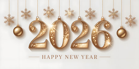 Elegant golden 2026 numbers with ornaments and snowflakes, happy new year decorationの素材