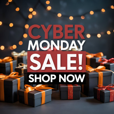Cyber monday sale with gift boxes and bokeh lights in the background, promoting shopping nowの素材
